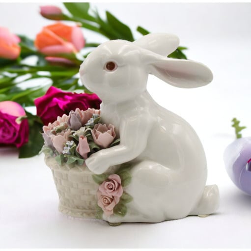 Ceramic Bunny Rabbit Figurine 8.5" with Flower Basket Image 2