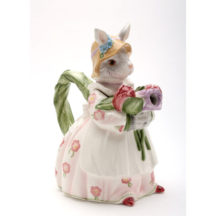 Ceramic Bunny Rabbit Teapot 32 oz Holding Rose Flowers Spring Image 3