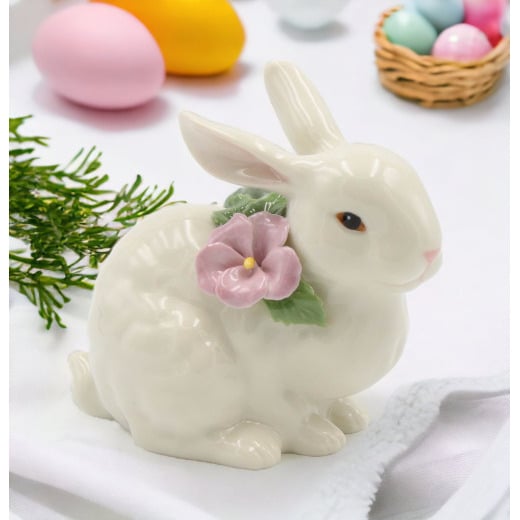 Ceramic Bunny Rabbit Figurine with Pink Pansy Flower 4.5in Gift Image 2