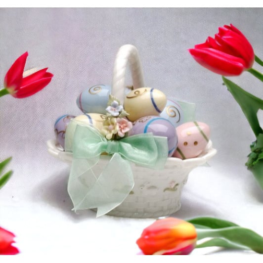 Ceramic Easter Egg Basket Music Box 5.75 inches My Favorite Things Image 1