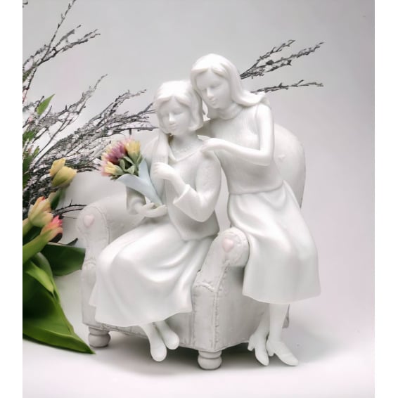 Ceramic Mother Daughter Figurine White Bisque Colorful Flower Bouquet 5 7/8" Image 2