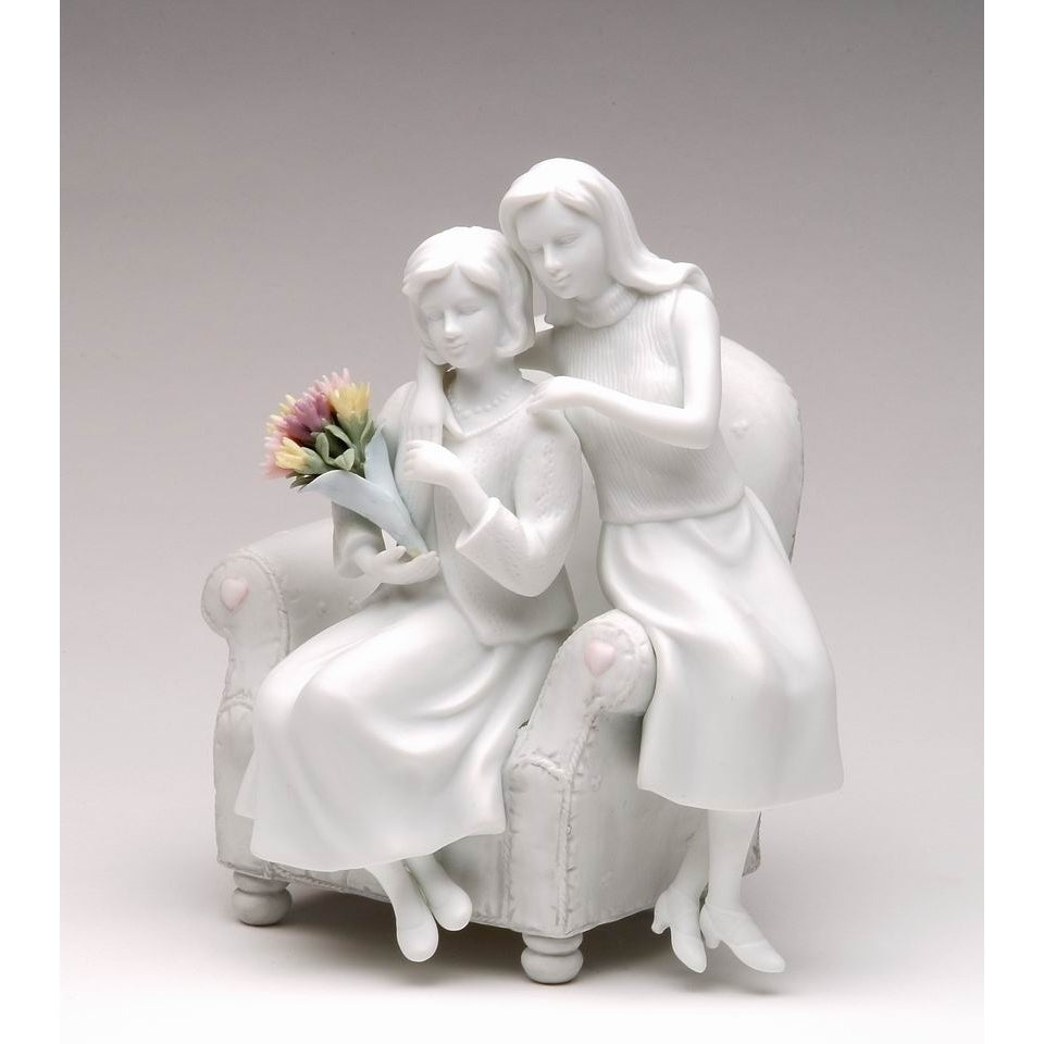 Ceramic Mother Daughter Figurine White Bisque Colorful Flower Bouquet 5 7/8" Image 3