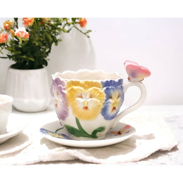 Ceramic Pansy Flower Butterfly Cup and Saucer Set 6 oz Gift Image 1