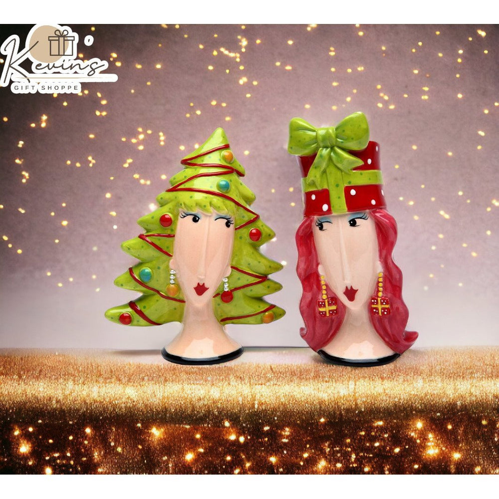 Ceramic Lady Wigs Christmas Tree Salt and Pepper Shakers Gift Set Image 2