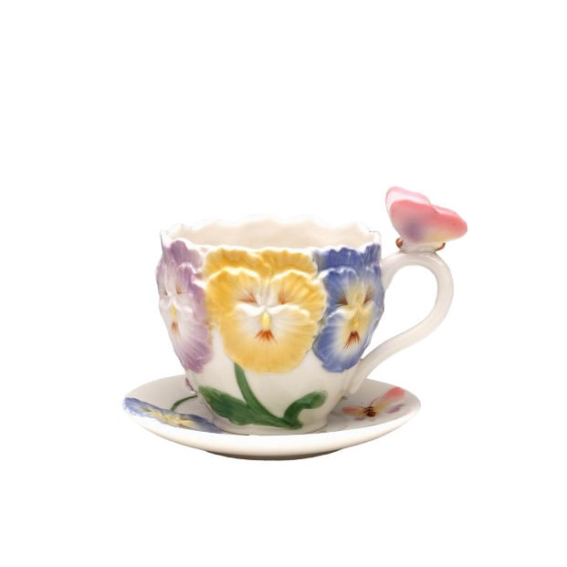 Ceramic Pansy Flower Butterfly Cup and Saucer Set 6 oz Gift Image 3