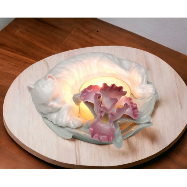 Ceramic Sleeping Cat Tealight Candle Holder Iris Flower 4.5 Inch Gift Image 2