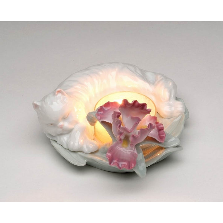 Ceramic Sleeping Cat Tealight Candle Holder Iris Flower 4.5 Inch Gift Image 3