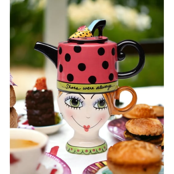 Ceramic Tea for One Set Lady Thinking About Shoes 10 oz Teapot Gift Image 1