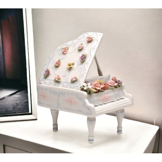 Hand Crafted Ceramic Grand Piano Music Box with faux Elise 5.875 x 4.75 x 7.75 Image 1