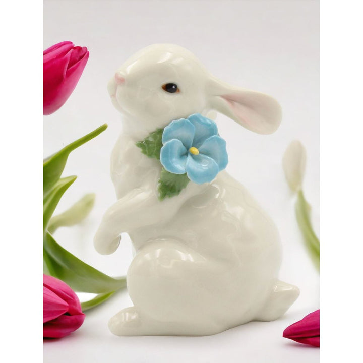 Ceramic White Rabbit Figurine with Blue Pansy Flower 3.5" Gift Image 2