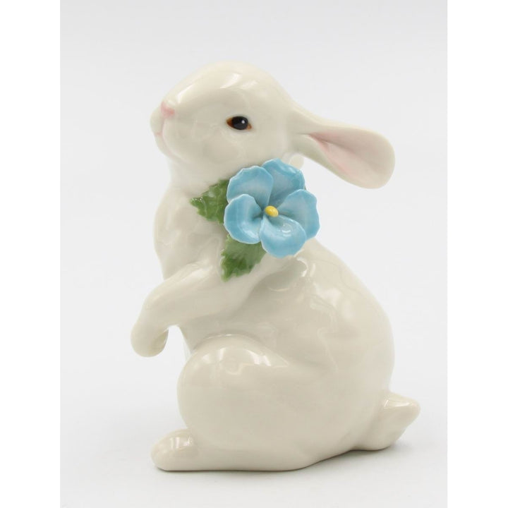 Ceramic White Rabbit with Blue Pansy Flower FigurineHome DcorKitchen DcorSpring DcorEaster Dcor Image 3
