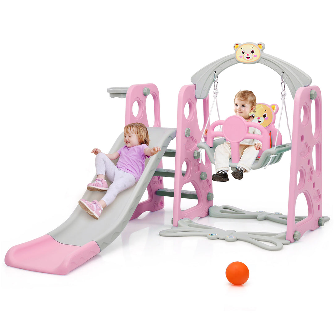 Costway 4-in-1 Toddler Climber and Swing Set w/ Basketball Hoop and Ball Pink\Green Image 4