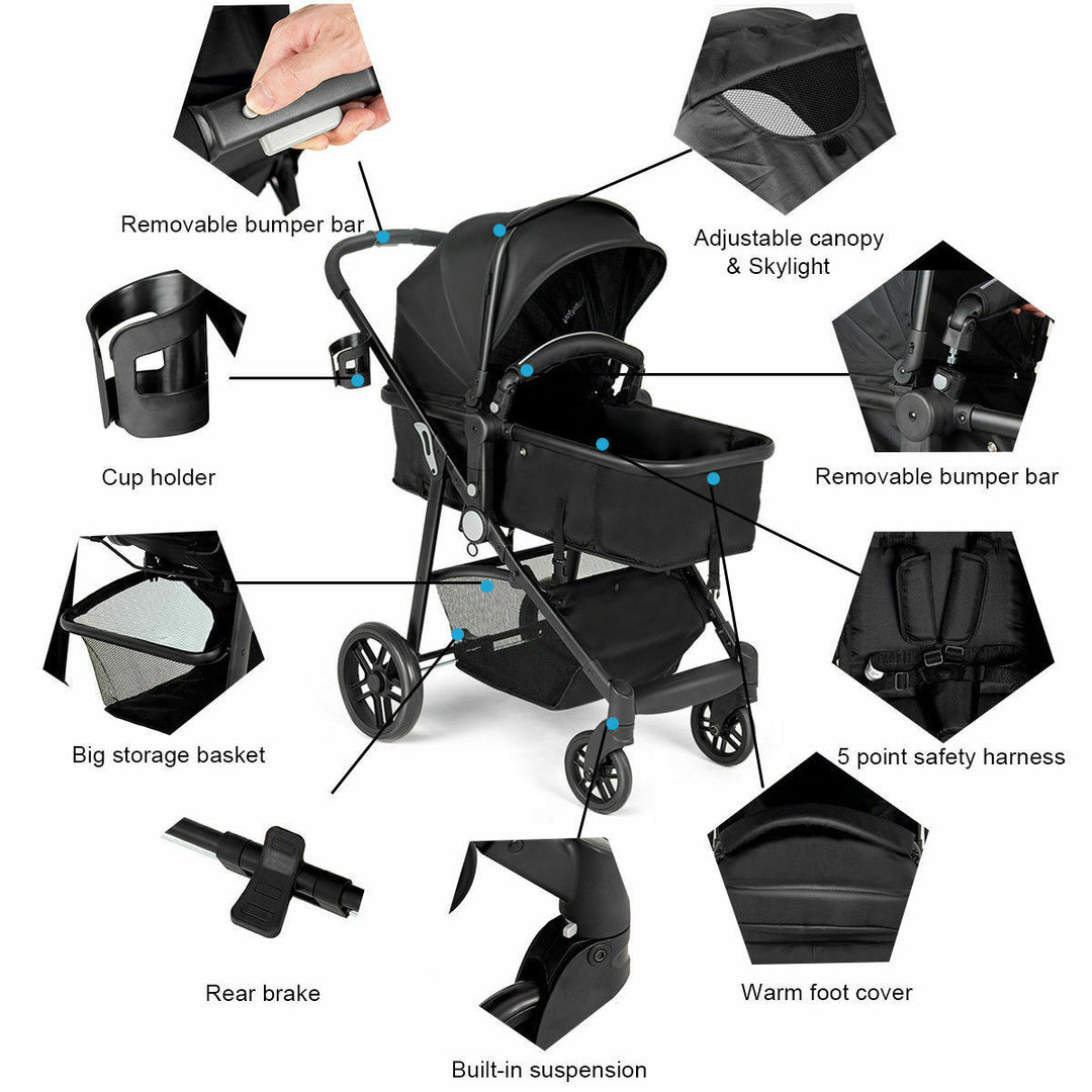 2 In1 Foldable Baby Stroller Kids Travel Newborn Infant Buggy Pushchair Black Image 4