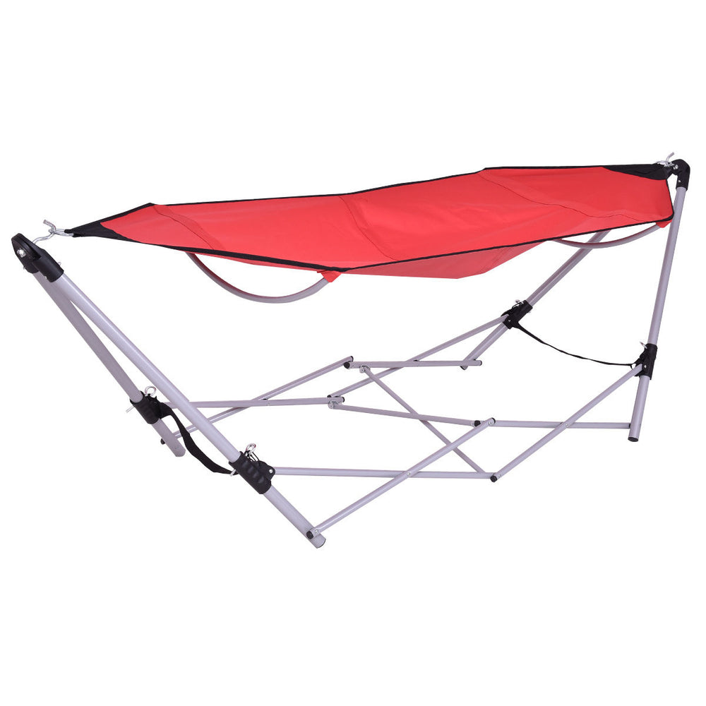 Red Portable Folding Hammock Lounge Camping Bed Steel Frame Stand W/Carry Bag Image 2