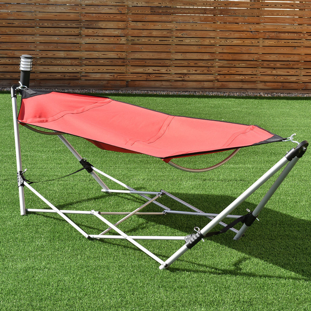 Red Portable Folding Hammock Lounge Camping Bed Steel Frame Stand W/Carry Bag Image 3