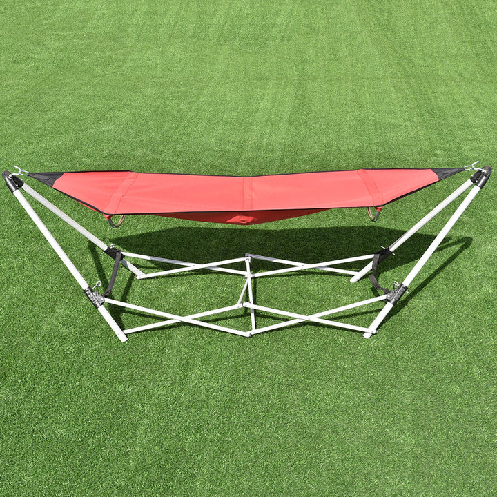 Red Portable Folding Hammock Lounge Camping Bed Steel Frame Stand W/Carry Bag Image 4