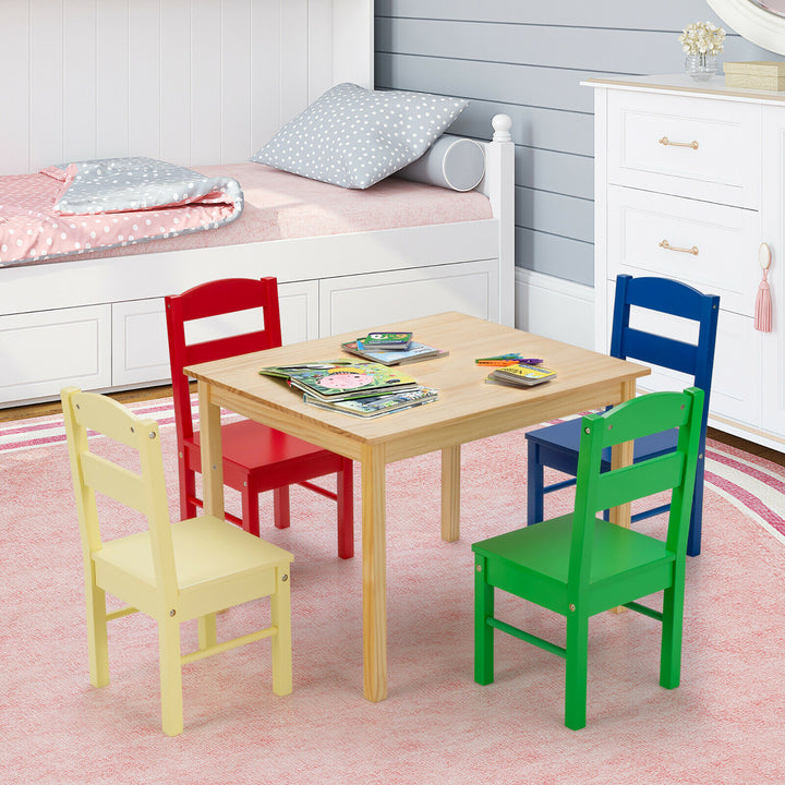 Kids 5 Piece Table Chair Set Pine Wood Multicolor Children Play Room Furniture Image 3