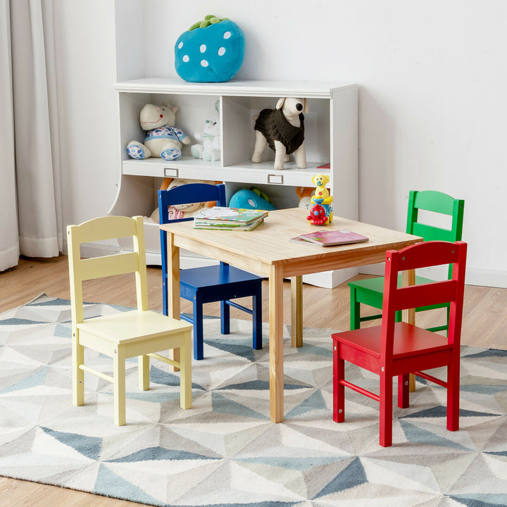 Kids 5 Piece Table Chair Set Pine Wood Multicolor Children Play Room Furniture Image 4