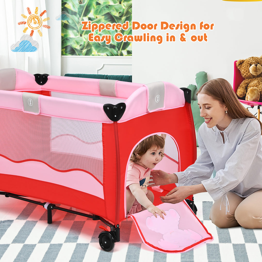 Pink Baby Crib Playpen Playard Pack Travel Infant Bed Foldable Image 4