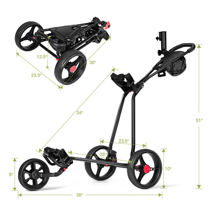 Foldable 3 Wheel Golf Pull Push Cart Trolley Scorecard Drink Holder Mesh Bag Image 4