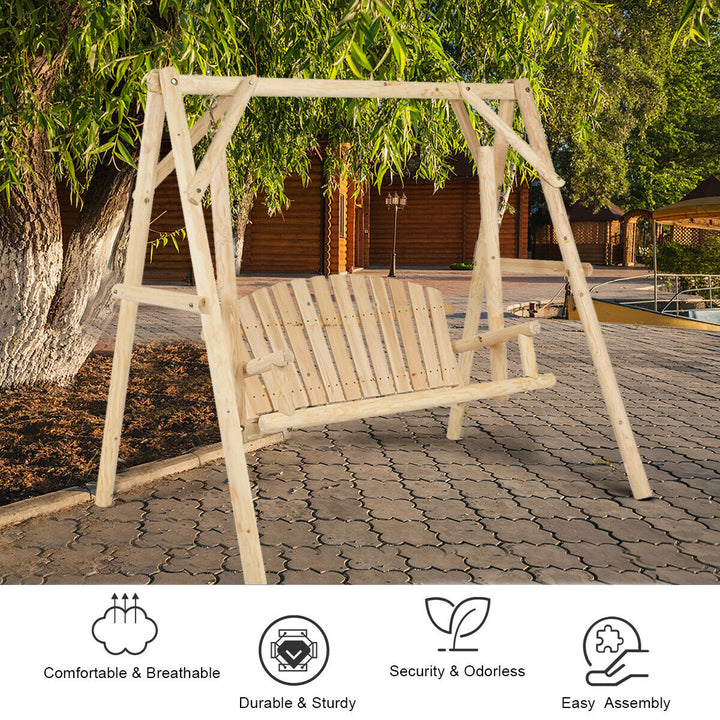 A-Frame Wooden Porch Swing Outdoor garden rural Torched Log Curved Back Bench Image 4