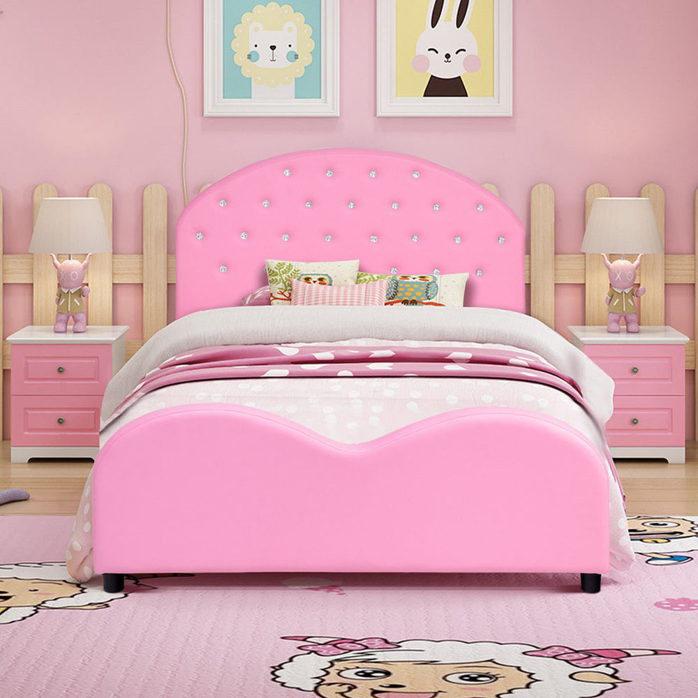 Kids Children PU Upholstered Platform Wooden Princess Bed Bedroom Furniture Pink Image 2