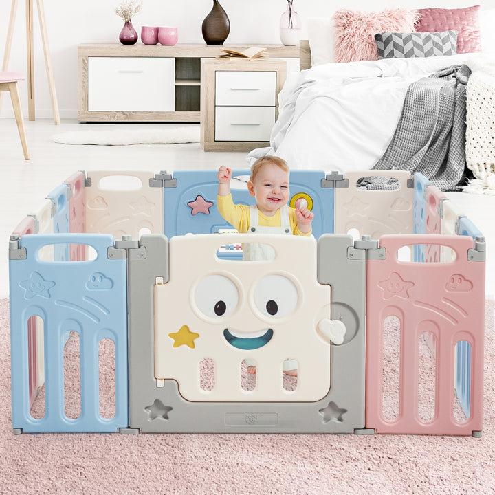 14-Panel Foldable Baby Playpen Kids Activity Centre Lock Door Rubber Bases Image 3