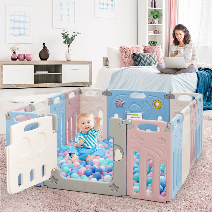 14-Panel Foldable Baby Playpen Kids Activity Centre Lock Door Rubber Bases Image 4