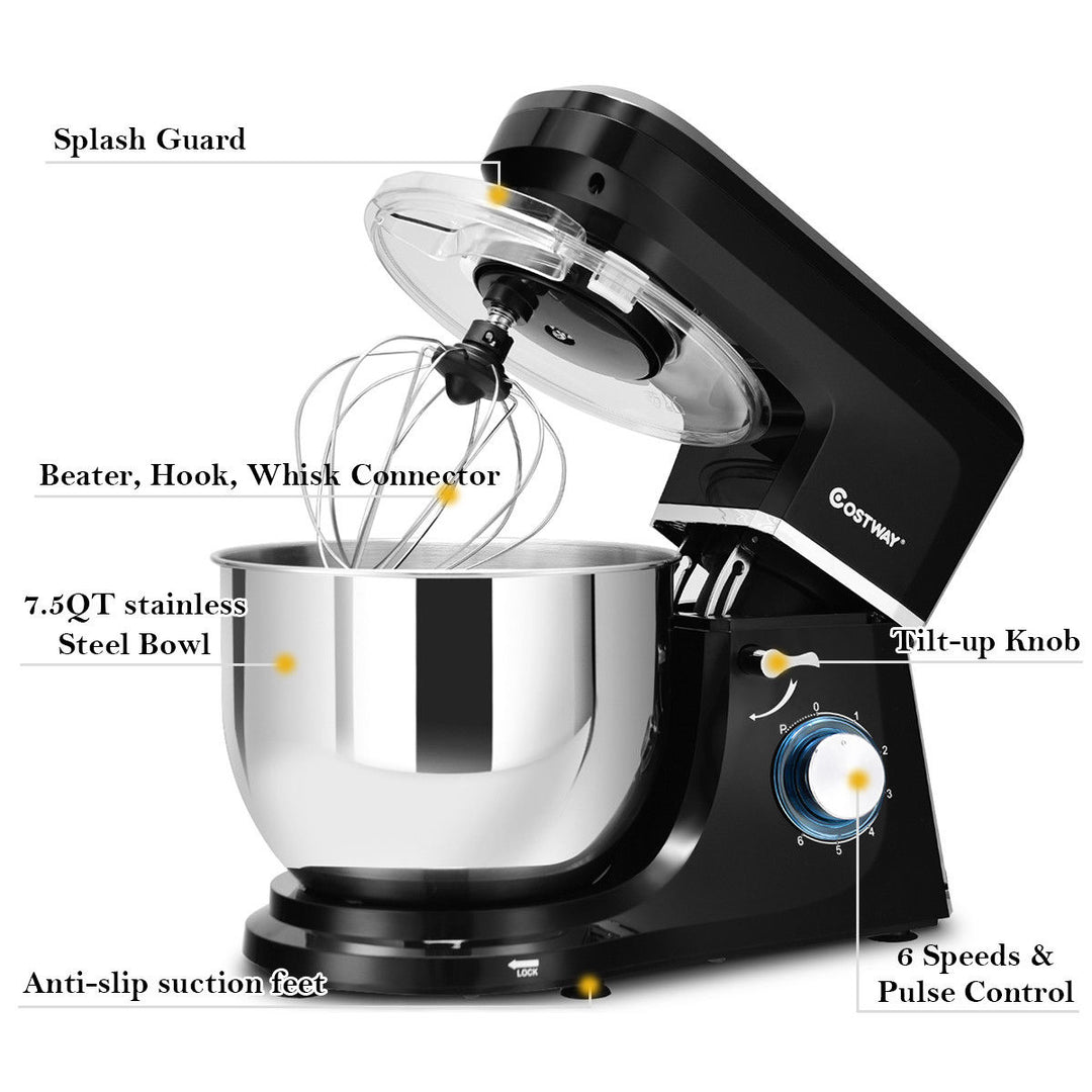 Tilt-Head Stand Mixer 7.5 Qt 6 Speed 660W with Dough Hook Whisk and Beater Black Image 4