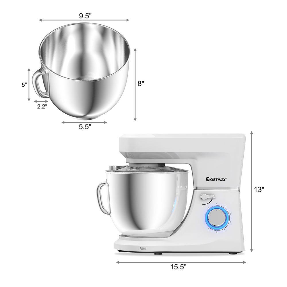 Tilt-Head Stand Mixer 7.5 Qt 6 Speed 660W with Dough HookWhisk and Beater White Image 2