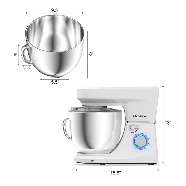 Tilt-Head Stand Mixer 7.5 Qt 6 Speed 660W with Dough Hook Whisk and Beater White Image 2