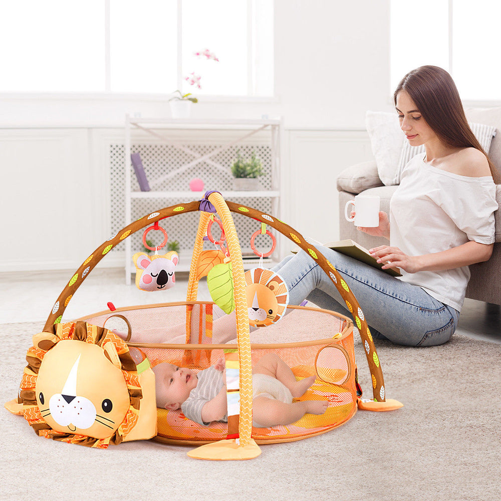 3 in 1 Cartoon Lion Baby Infant Activity Gym Play Mat w Hanging Toys Ocean Ball Image 2