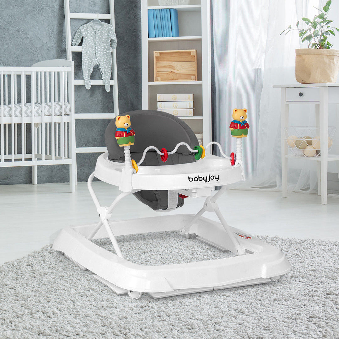 Baby Walker Adjustable Height Removable Toy Wheels Folding Portable Grey Image 3