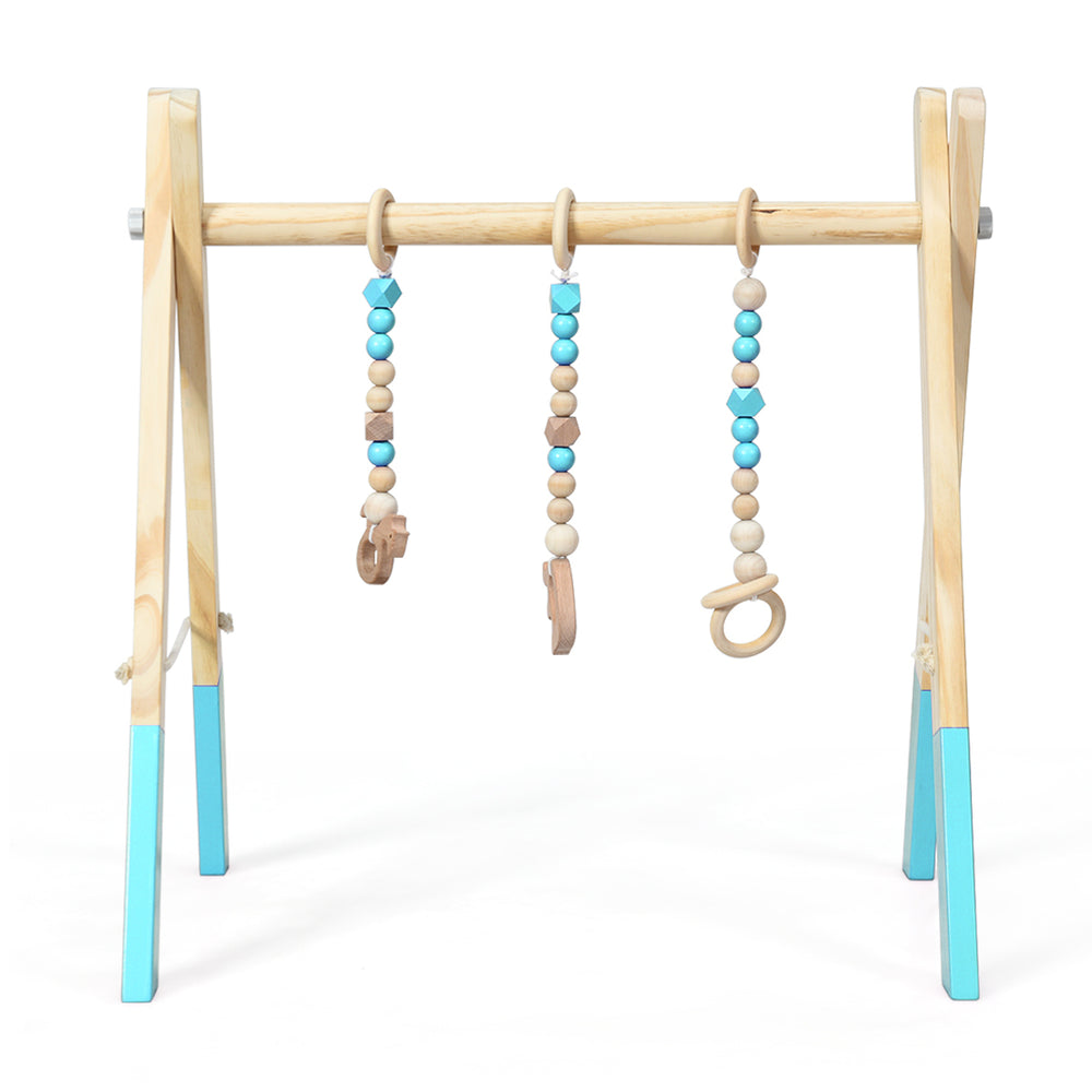 Foldable Wooden Baby Gym with 3 Wooden Baby Teething Toys Hanging Bar Green Image 2