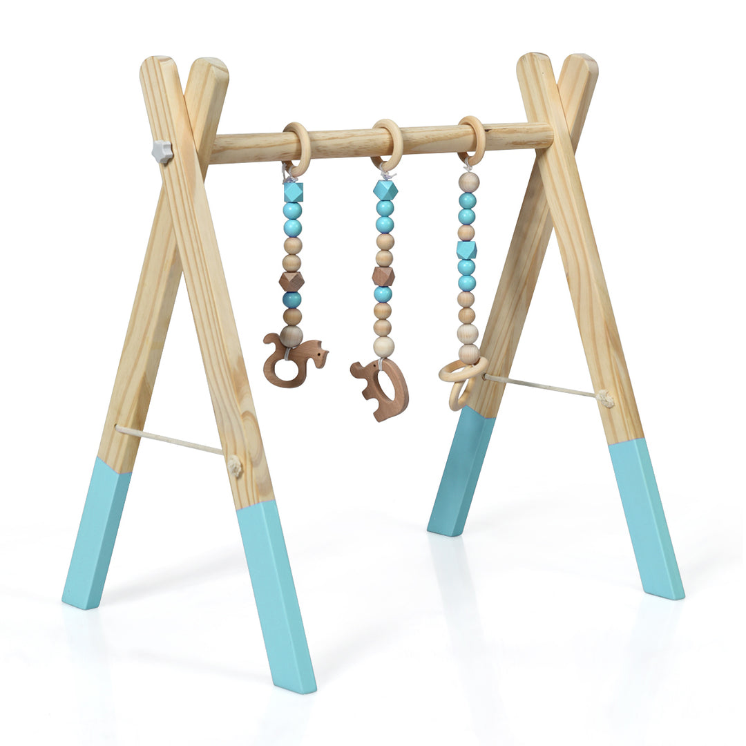 Foldable Wooden Baby Gym with 3 Wooden Baby Teething Toys Hanging Bar Green Image 3