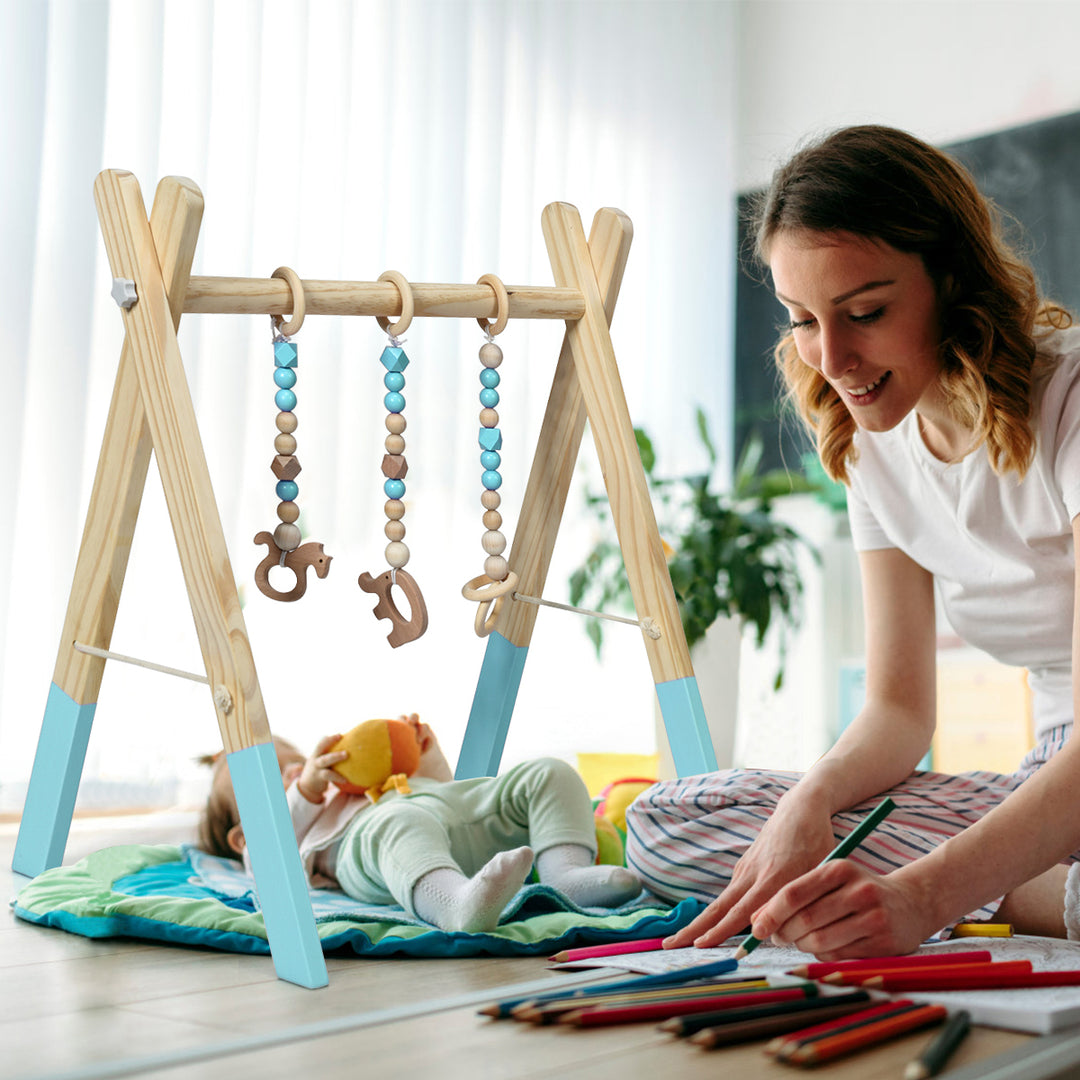 Foldable Wooden Baby Gym with 3 Wooden Baby Teething Toys Hanging Bar Green Image 4