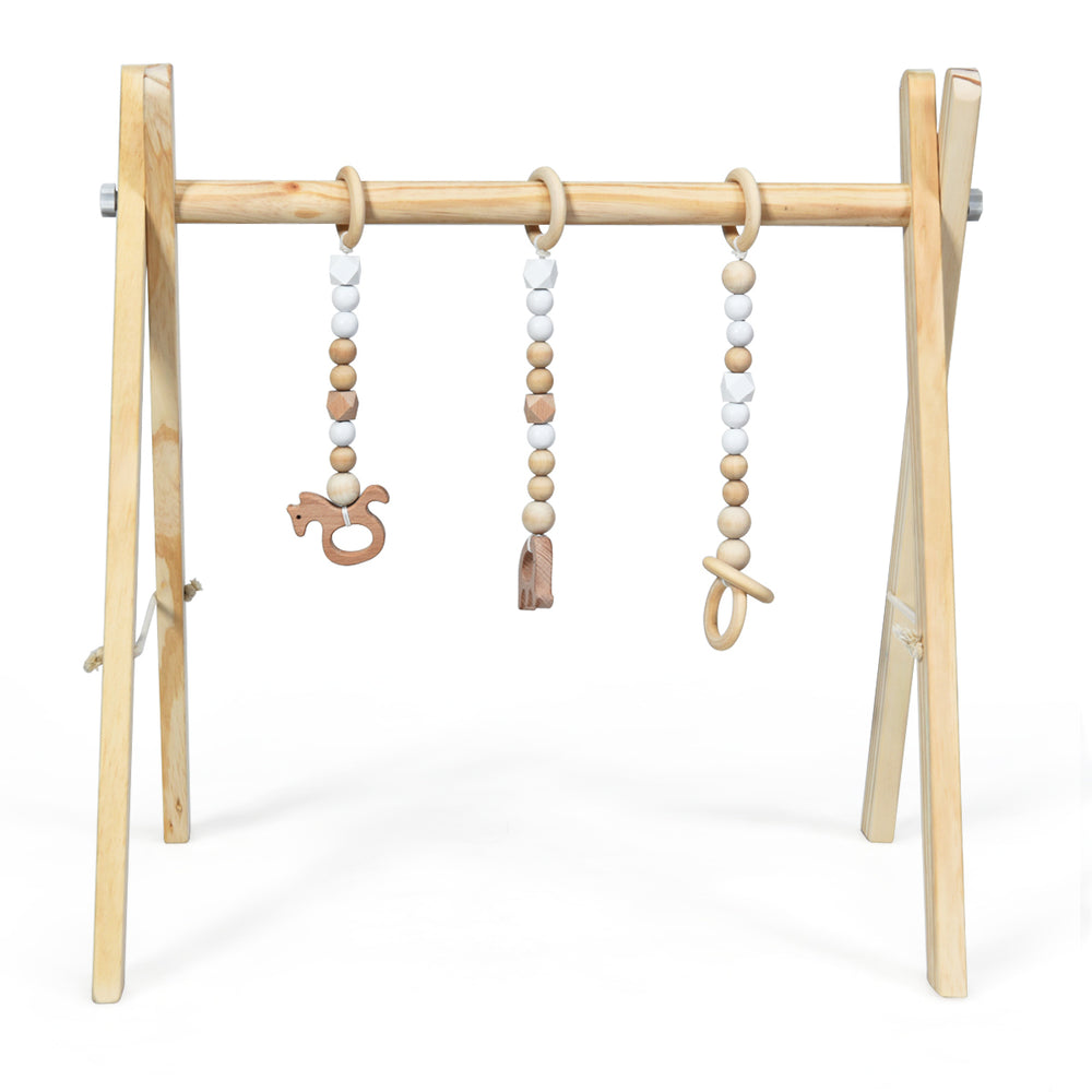 Foldable Wooden Baby Gym with 3 Wooden Baby Teething Toys Hanging Bar Natural Image 2