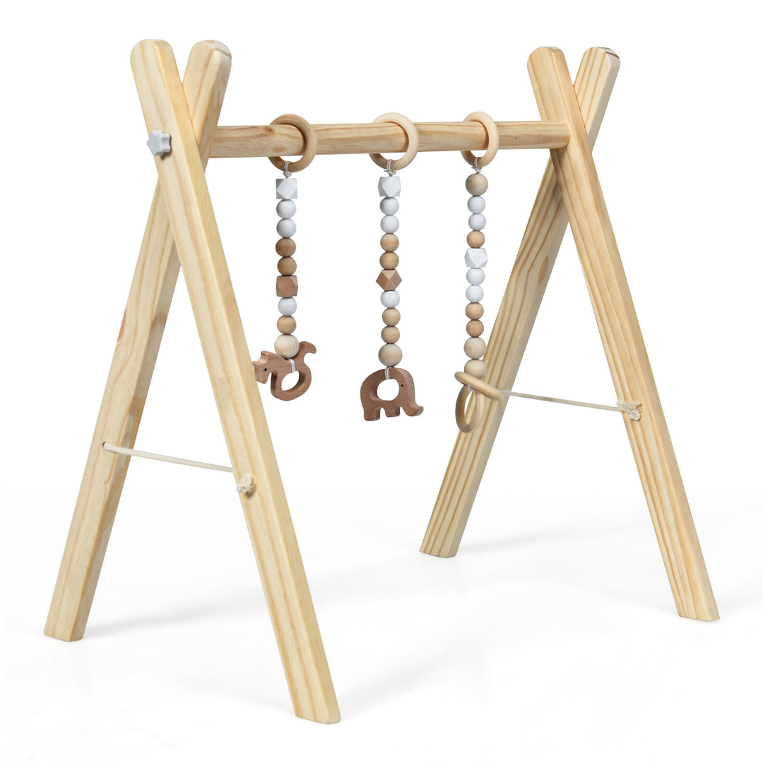 Foldable Wooden Baby Gym with 3 Wooden Baby Teething Toys Hanging Bar Natural Image 3