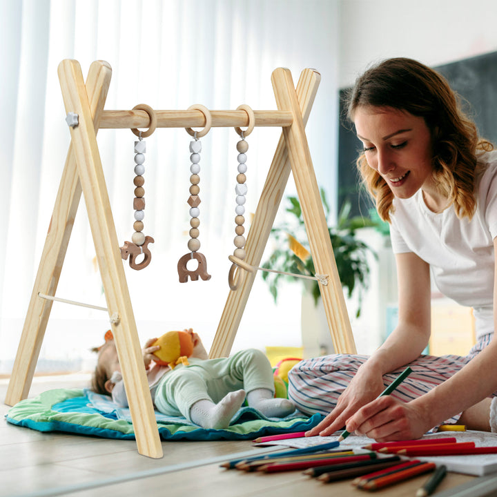 Foldable Wooden Baby Gym with 3 Wooden Baby Teething Toys Hanging Bar Natural Image 4