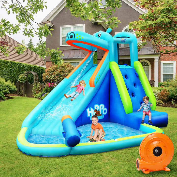 Inflatable Kids Hippo Bounce House Slide Climbing Wall Splash Pool w/740W Blower Image 2