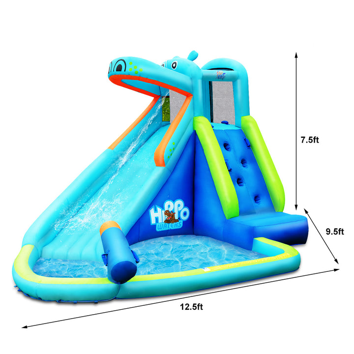 Inflatable Kids Hippo Bounce House Slide Climbing Wall Splash Pool w/740W Blower Image 3