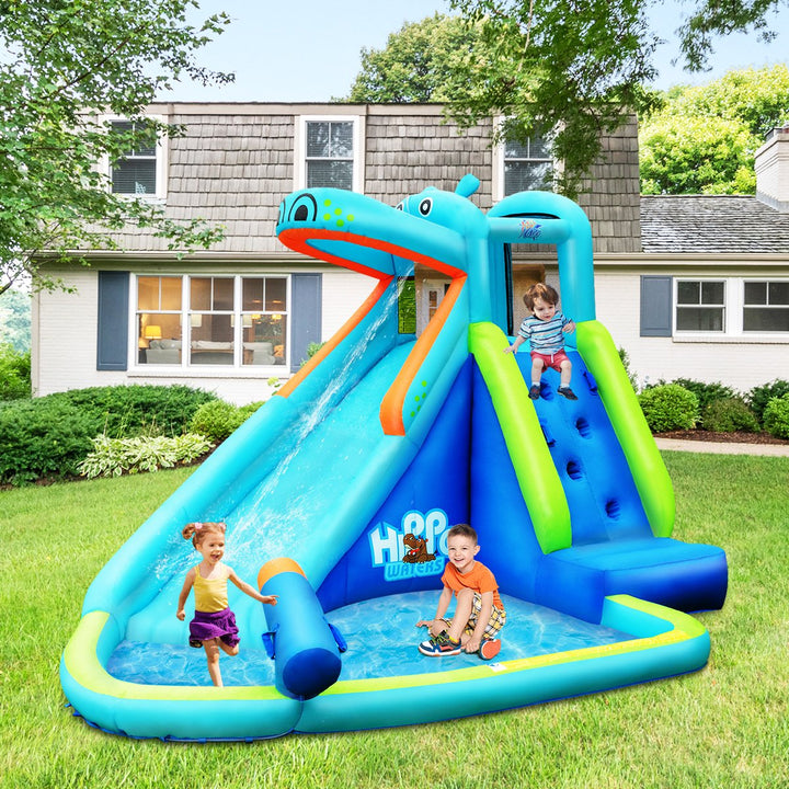 Inflatable Kids Hippo Bounce House Slide Climbing Wall Splash Pool w/740W Blower Image 4