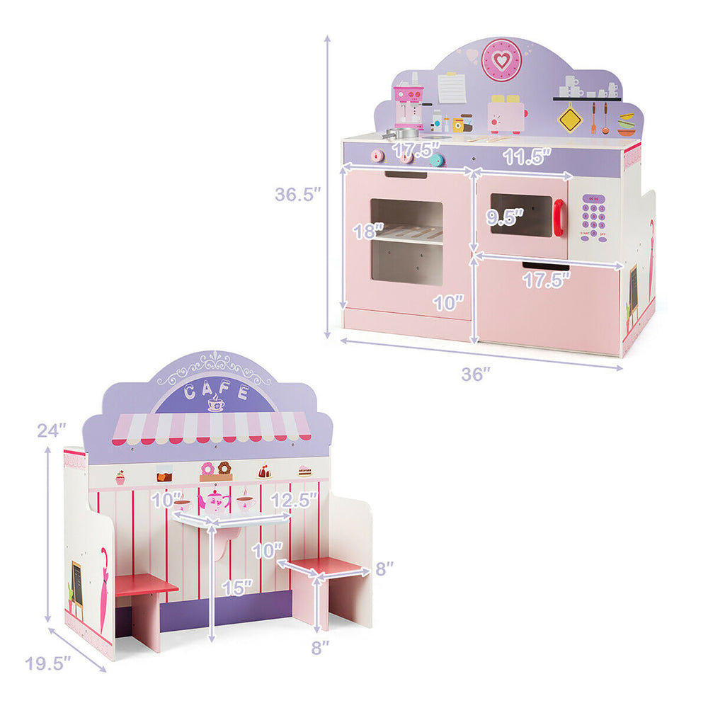 2 in 1 Kids Play Kitchen & Cafe Restaurant Wooden Pretend Cooking Playset Toy Image 2
