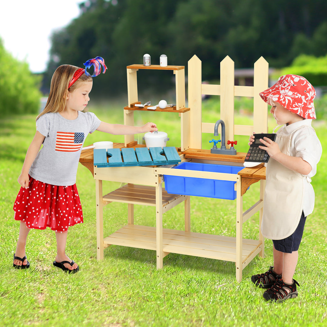 Kids Wooden Mud Kitchen Pretend Cook Playset Toy For Children Image 4