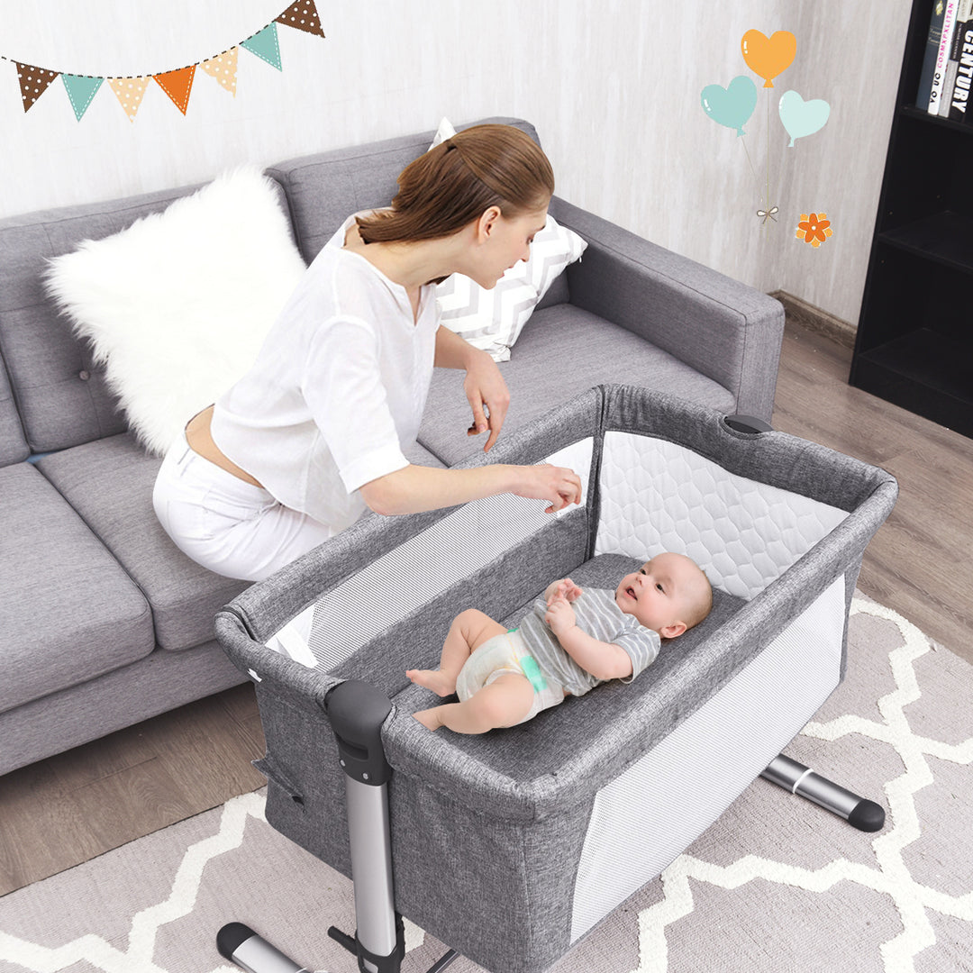 Baby joy Portable Baby Bed Side Sleeper Infant Travel 10 Inclined Bassinet Crib W/Carrying Bag Grey Image 7