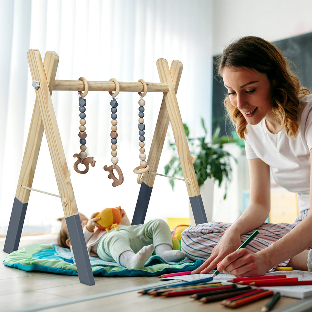 Foldable Wooden Baby Gym with 3 Wooden Baby Teething Toys Hanging Bar Gray Image 2