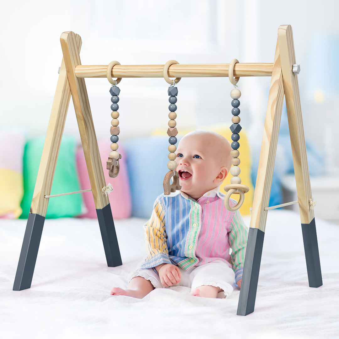 Foldable Wooden Baby Gym with 3 Wooden Baby Teething Toys Hanging Bar Gray Image 3