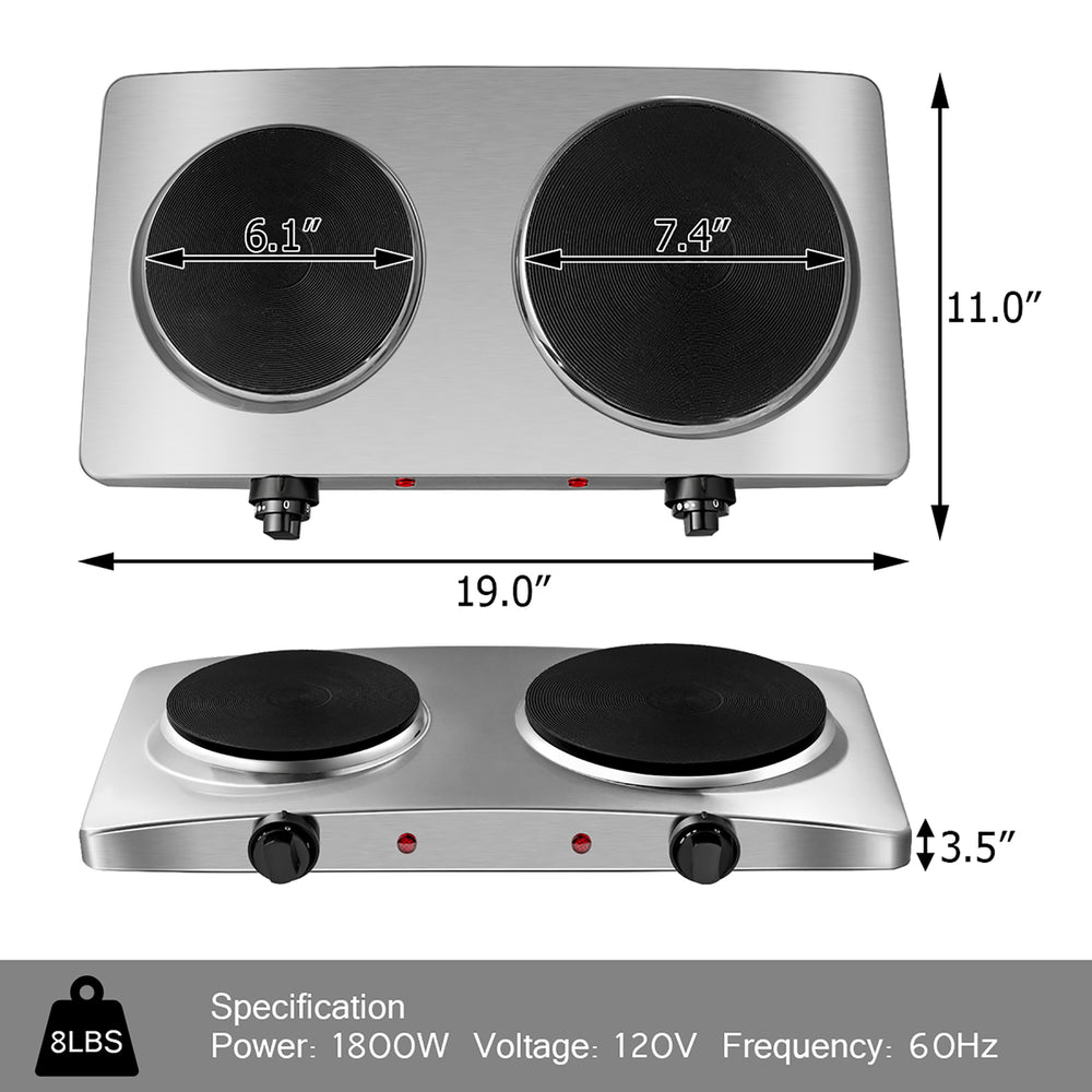 1800W Double Hot Plate Electric Countertop Burner Stainless Steel 5 Power Levels Image 2