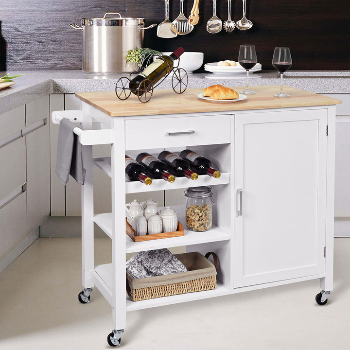 4-Tier Wood Kitchen Island Trolley Cart Storage Cabinet w/ Wine Rack White Image 3