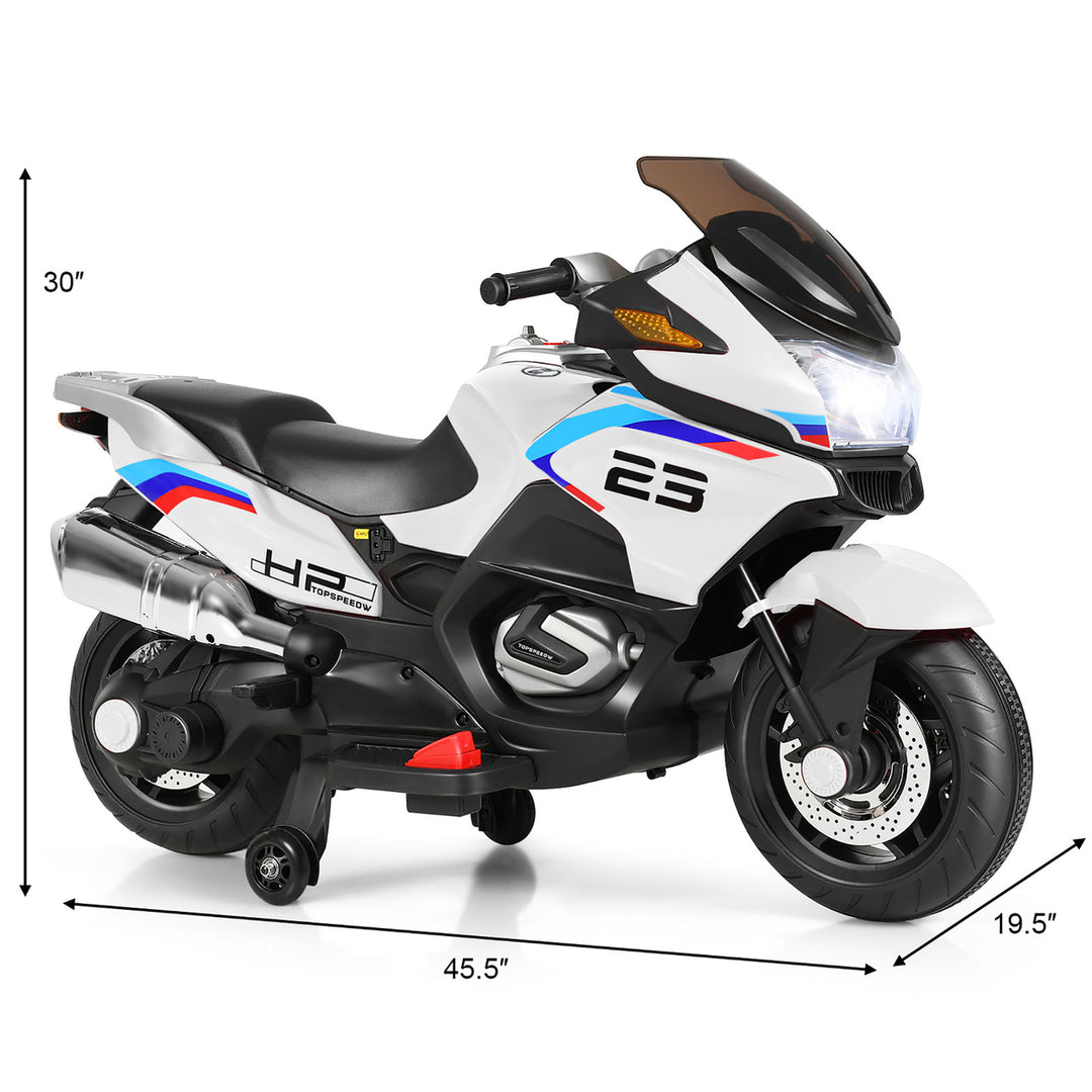12V Kids Ride On Motorcycle Electric Motor Bike w/ Training Wheels and Light White Image 3